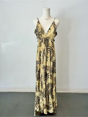 Tan Floral Maxi Dress with V-Neck and Adjustable Straps